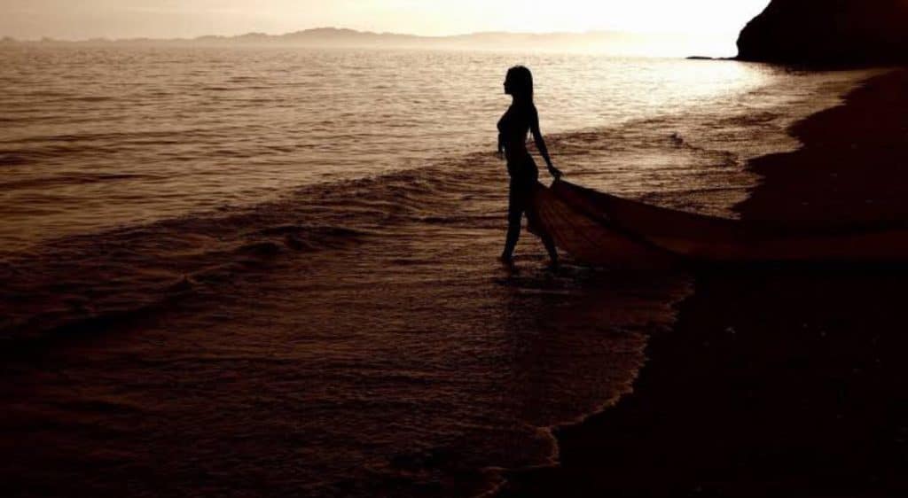 silhouette Image of a girl standing alone at the shore of a beach