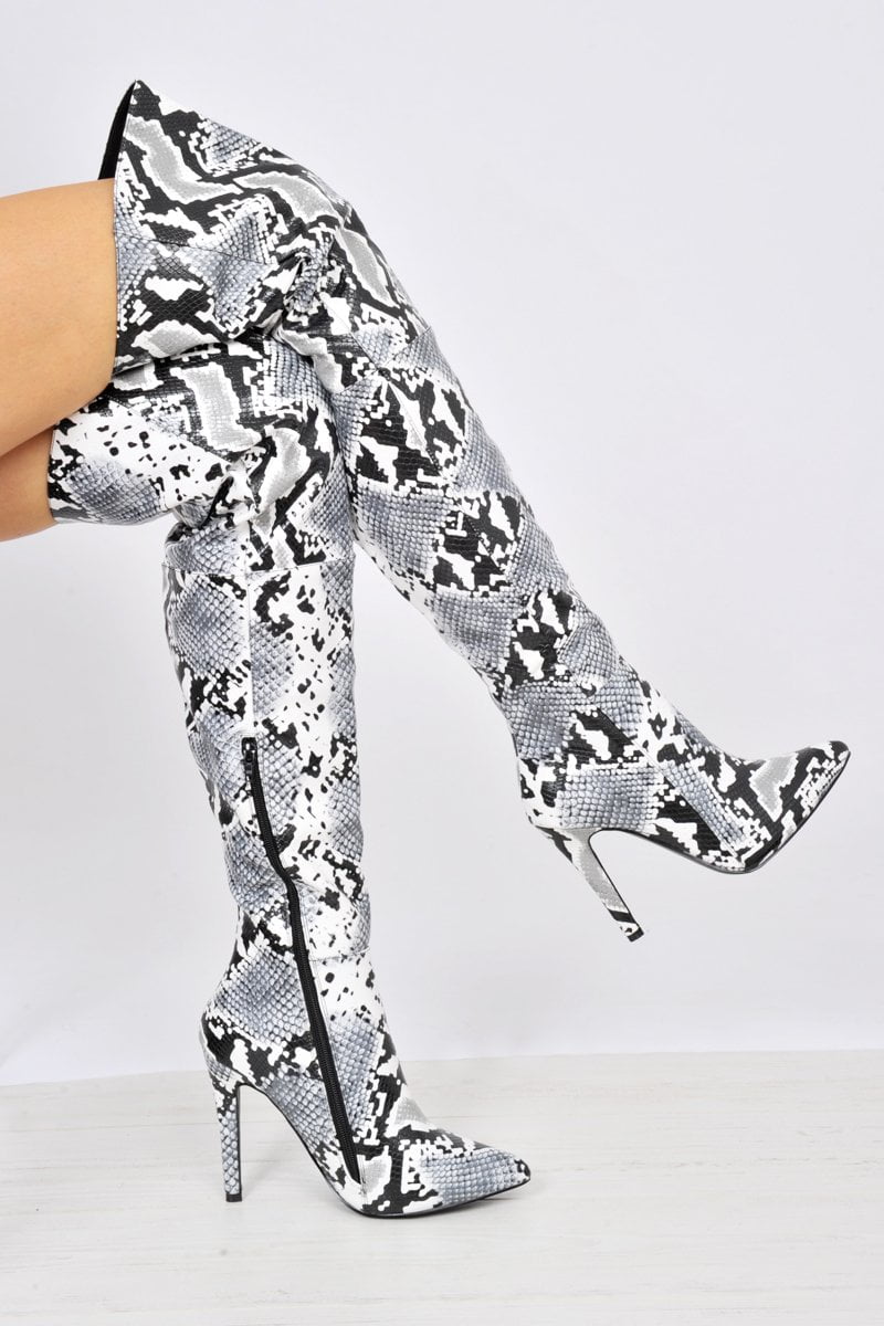 thigh high snake print boots